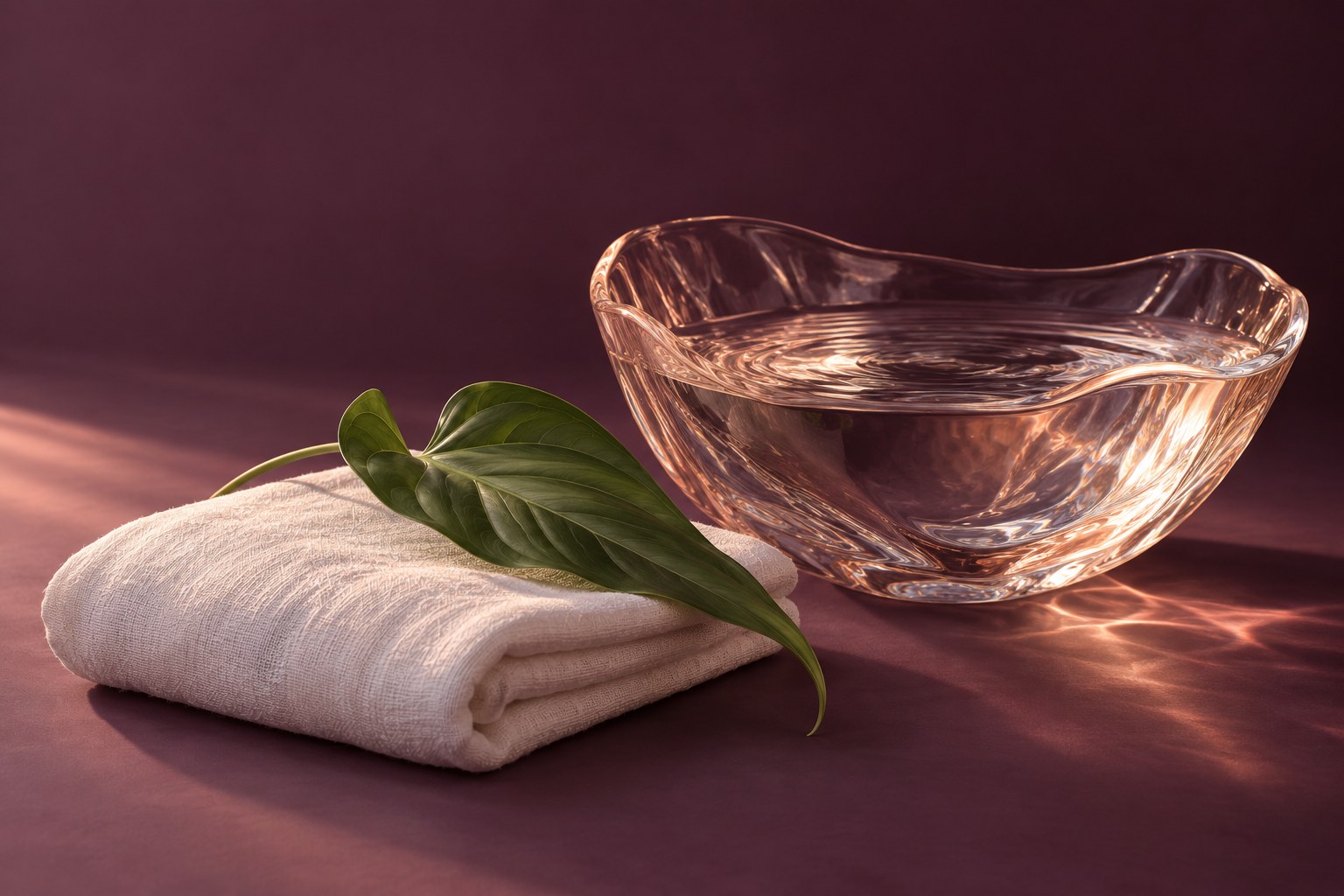 Illustrative spa still-life with folded towels, a bottle and botanical details
